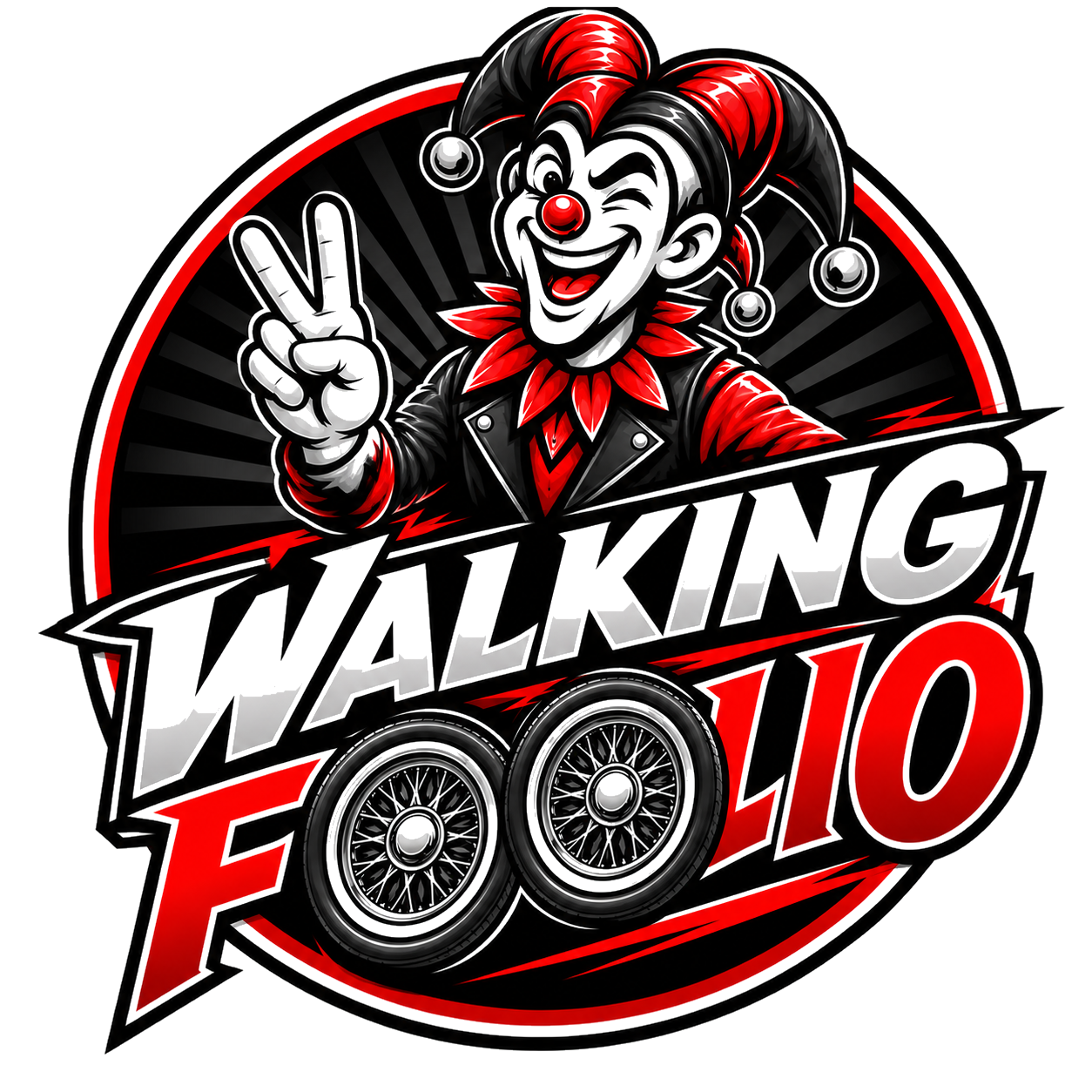 Walking Foolio logo: peace-sign Jester over the Wheel-O wordmark